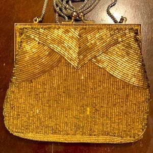 Vintage Magid Beaded Clutch Purse Gold Evening Bag with shoulder strap
